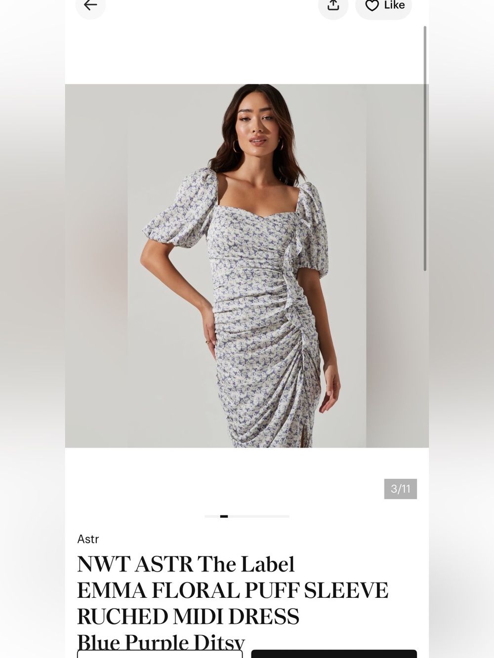 Astr Blue-Purple Ditsy Floral Puff Sleeve Ruched Midi Dress